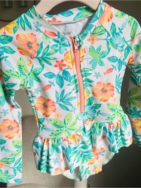 Little Me White Floral Long-Sleeve Rashguard with Coral & Teal Accents